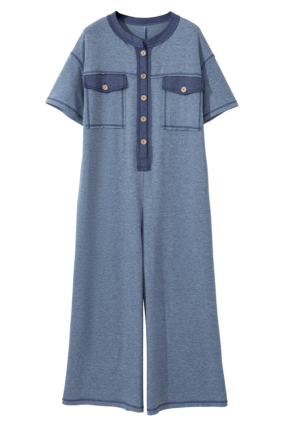 Beau Blue Half Placket Chest Pockets Short Sleeve Wide Leg Jumpsuit-Bottoms/Jumpsuits & Rompers-[Adult]-[Female]-2022 Online Blue Zone Planet