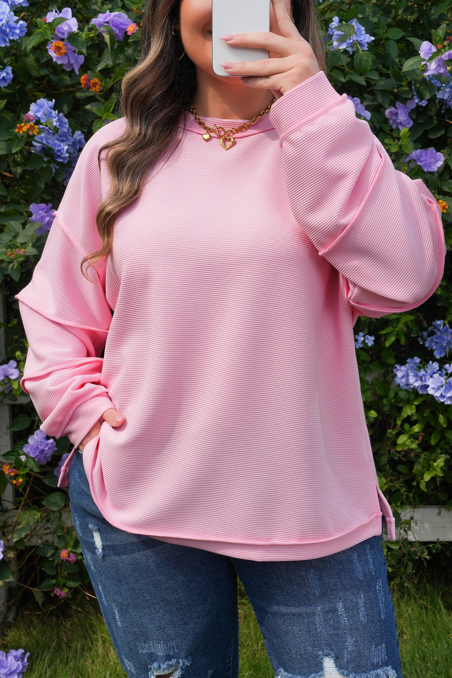 Pink Drop Shoulder Long Sleeve Plus Size Ribbed Top-Plus Size/Plus Size Tops/Plus Size Long Sleeve Tops-[Adult]-[Female]-2022 Online Blue Zone Planet