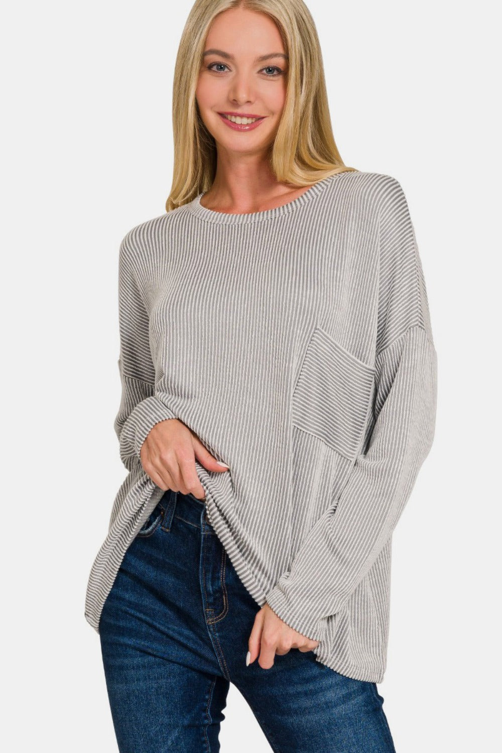 Zenana Ribbed Striped Long Sleeve T-Shirt-TOPS / DRESSES-[Adult]-[Female]-LT Grey-S/M-2022 Online Blue Zone Planet