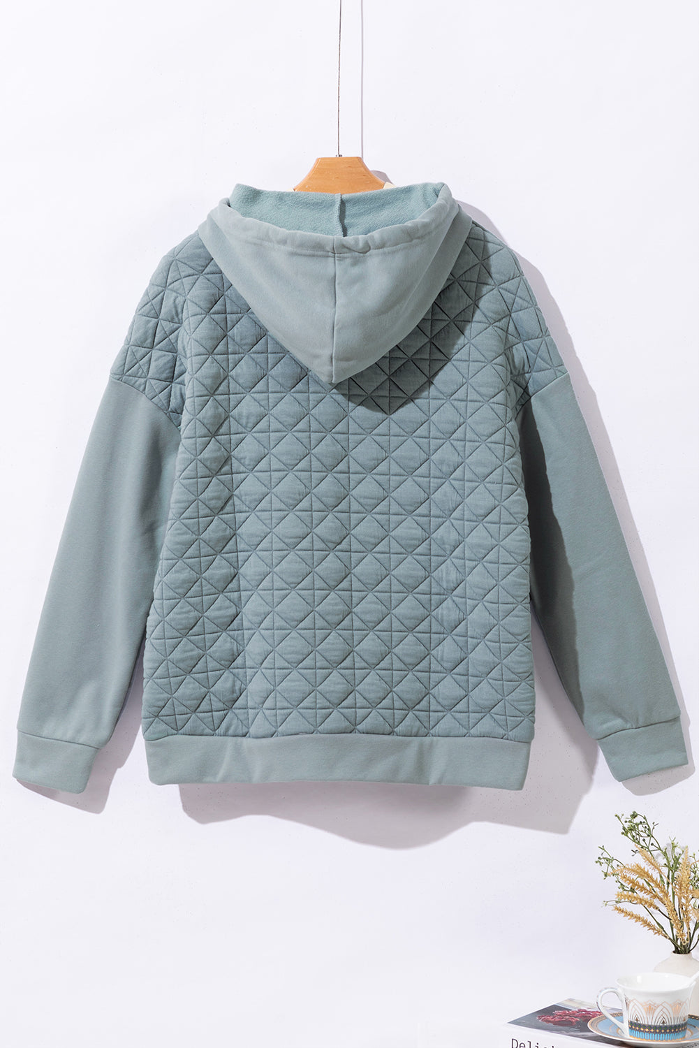 Light Grey Drop Shoulder Quilted Patchwork Kangaroo Pocket Hoodie-Tops/Sweatshirts & Hoodies-[Adult]-[Female]-2022 Online Blue Zone Planet