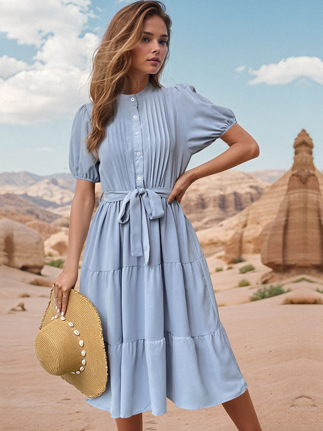 Tie Waist Puff Sleeve Midi Dress-TOPS / DRESSES-[Adult]-[Female]-2022 Online Blue Zone Planet