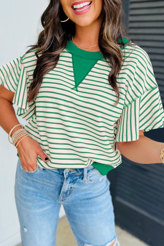 Bright Green Contrast Detail Striped Ruffle Short Sleeve Top-Tops/Blouses & Shirts-[Adult]-[Female]-Bright Green-S-2022 Online Blue Zone Planet