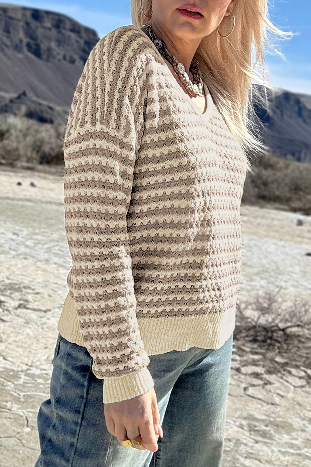 Khaki Stripe Plus Size V Neck Drop Shoulder Sweater-Plus Size/Plus Size Sweaters & Cardigans-[Adult]-[Female]-2022 Online Blue Zone Planet