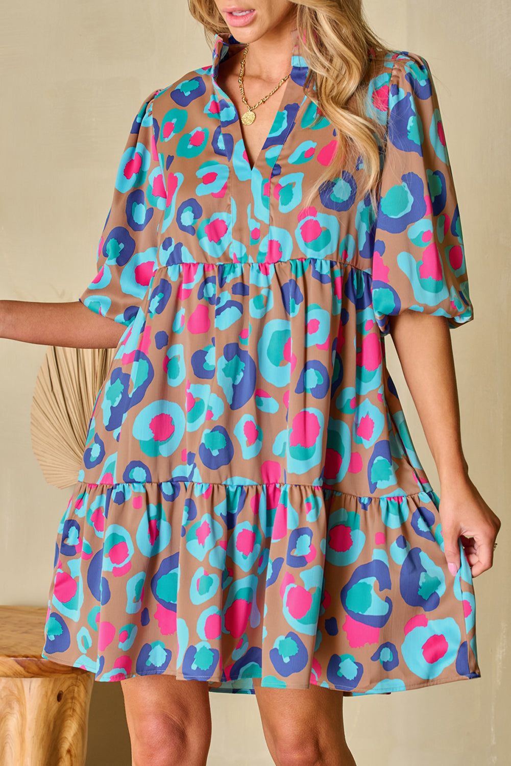 Blue Zone Planet |  Green Leopard Print Bubble Sleeve Slit Neck Ruffled Dress Blue Zone Planet