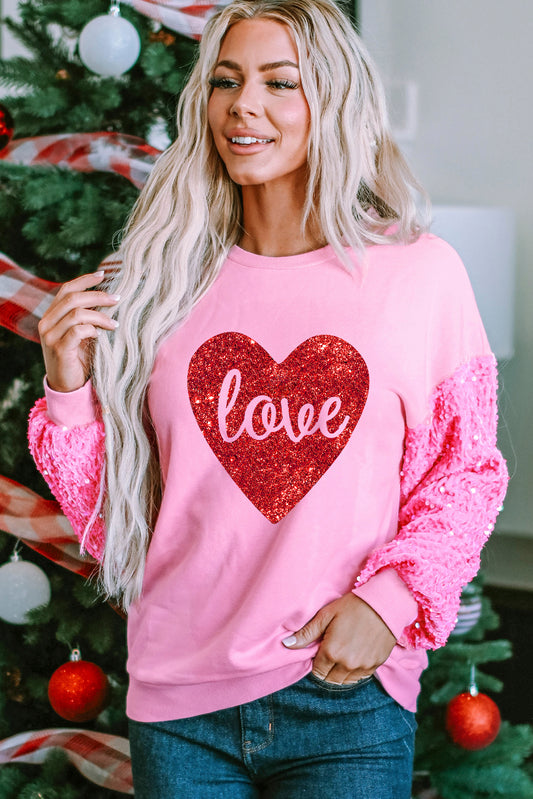 Pink Shiny Heart Shape love Print Sequined Sleeve Sweatshirt-Graphic/Graphic Sweatshirts-[Adult]-[Female]-Pink-S-2022 Online Blue Zone Planet