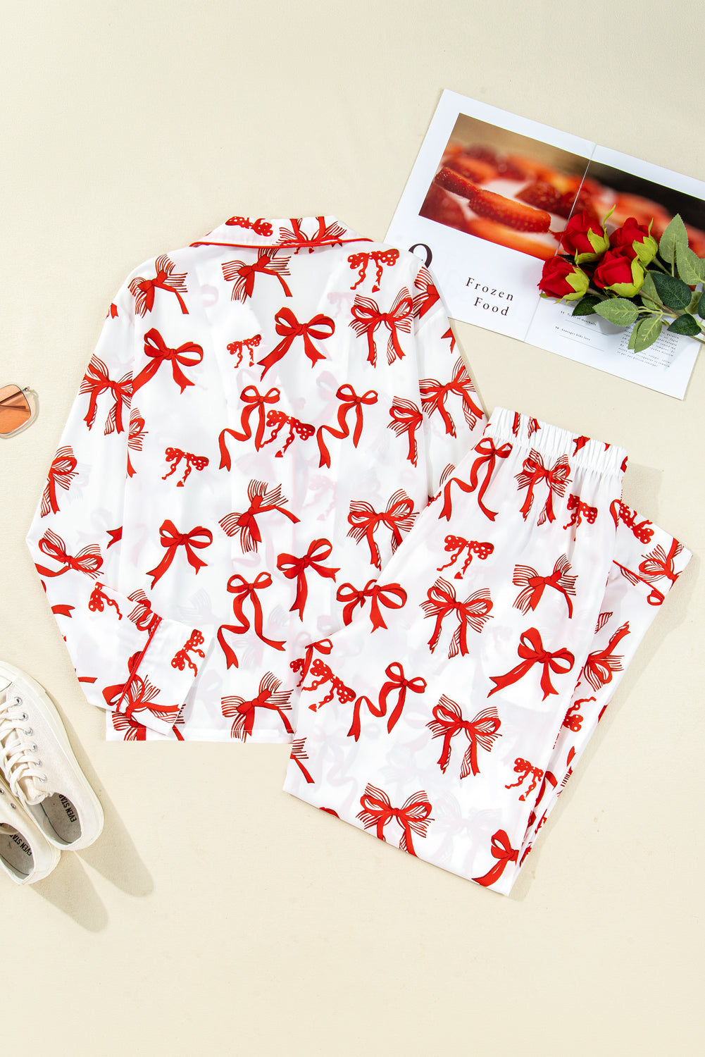Red Christmas Bow Print Long Sleeve 2pcs Pajama Set-Loungewear Set-[Adult]-[Female]-2022 Online Blue Zone Planet