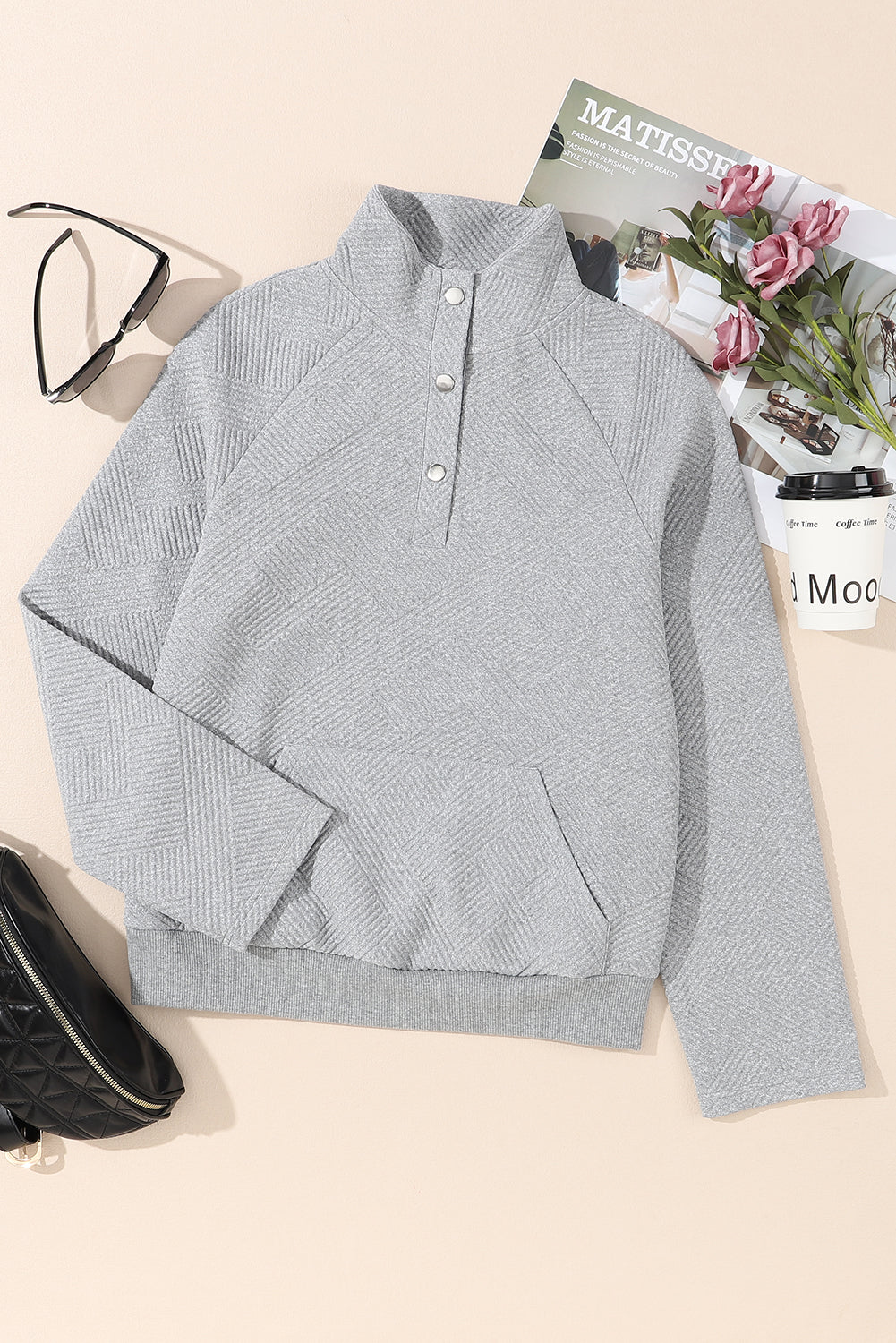 Light Grey Textured Knit Buttoned Kangaroo Pocket Sweatshirt-Tops/Sweatshirts & Hoodies-[Adult]-[Female]-2022 Online Blue Zone Planet