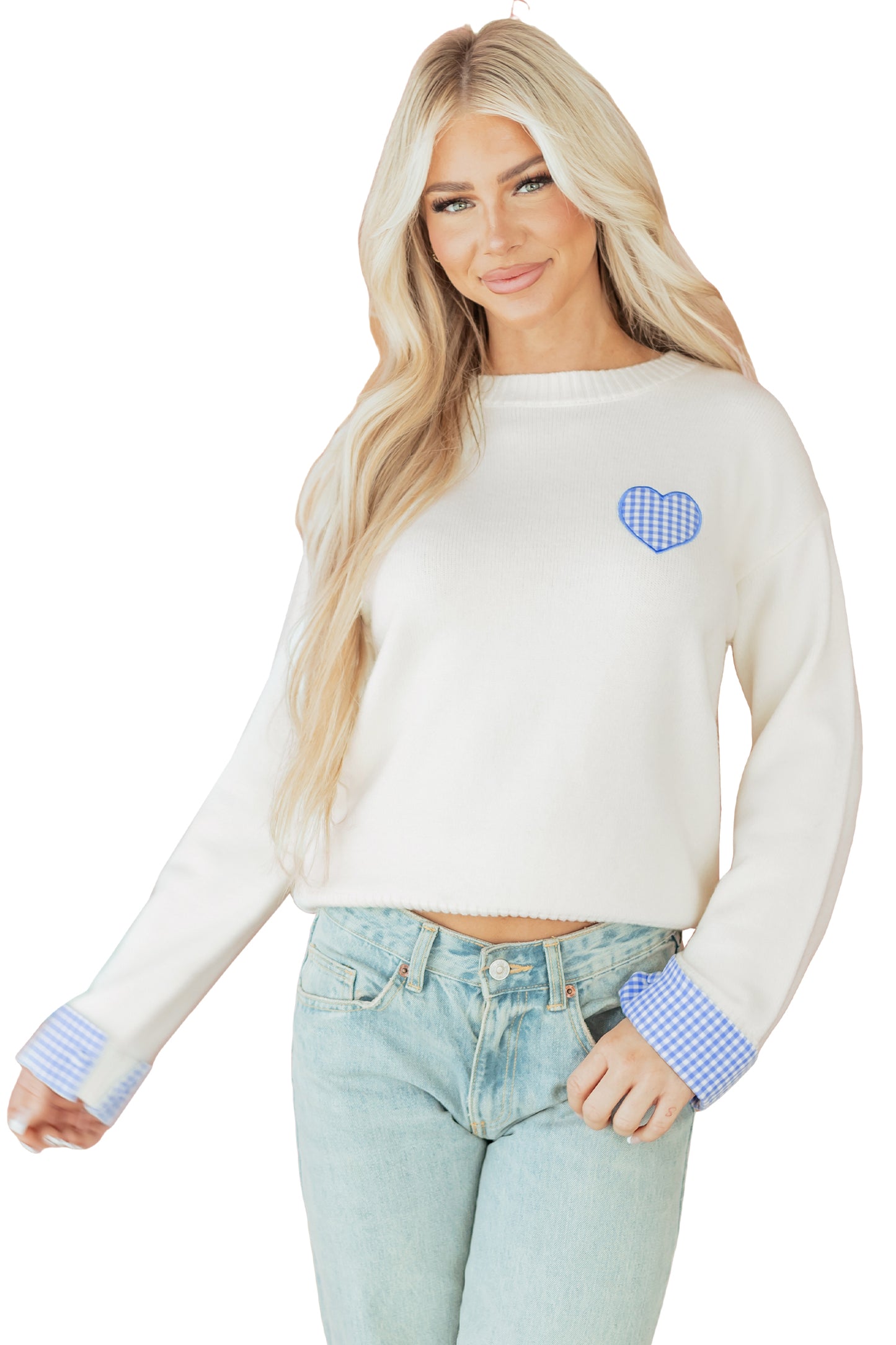 White Plaid Heart Embroidered Cuffed Drop Shoulder Crew Neck Sweater-TOPS / DRESSES-[Adult]-[Female]-2022 Online Blue Zone Planet