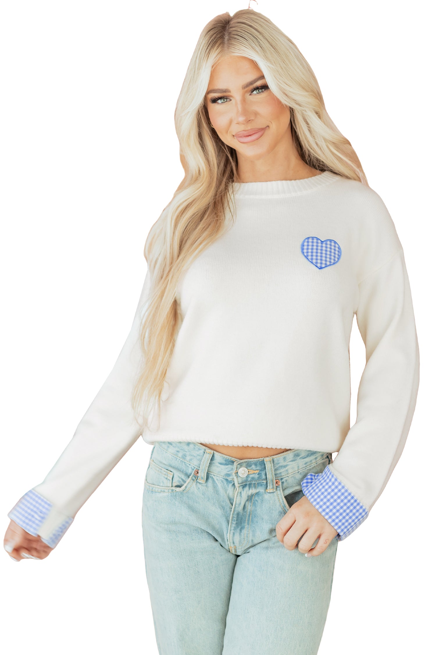 White Plaid Heart Embroidered Cuffed Drop Shoulder Crew Neck Sweater-TOPS / DRESSES-[Adult]-[Female]-2022 Online Blue Zone Planet