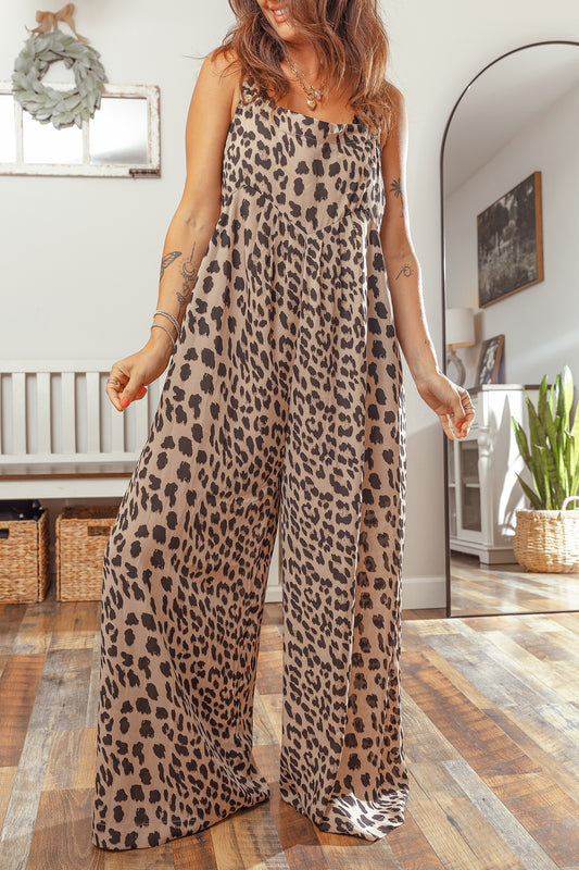 Khaki Leopard Print Square Neck Pleated Wide Leg Jumpsuit-Bottoms/Jumpsuits & Rompers-[Adult]-[Female]-Khaki-S-2022 Online Blue Zone Planet