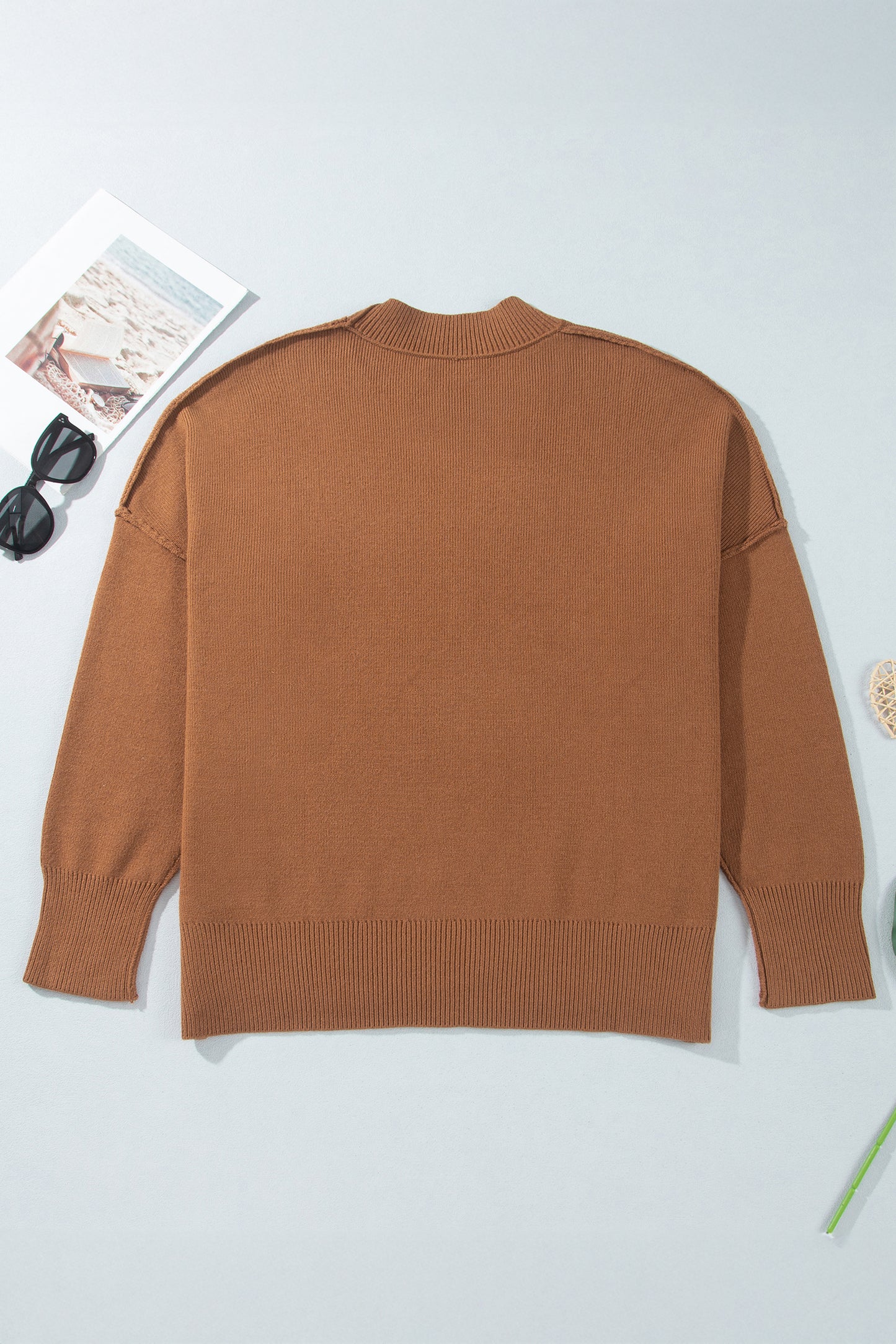 Chestnut Oversized Ribbed Knit Long Sleeve Tunic Plus Size Sweater-TOPS / DRESSES-[Adult]-[Female]-2022 Online Blue Zone Planet