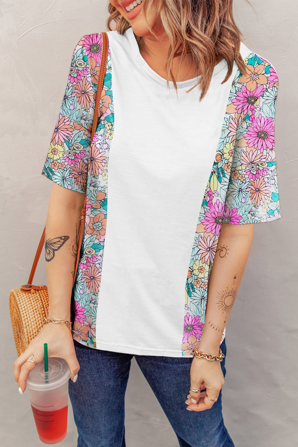 White Floral Print Patchwork Short Sleeve Top-Tops/Tops & Tees-[Adult]-[Female]-White-S-2022 Online Blue Zone Planet