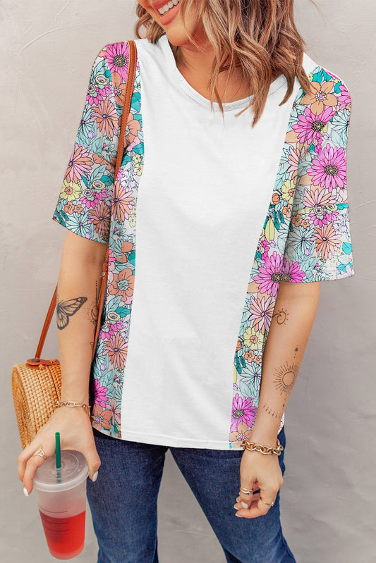 White Floral Print Patchwork Short Sleeve Top-Tops/Tops & Tees-[Adult]-[Female]-White-S-2022 Online Blue Zone Planet