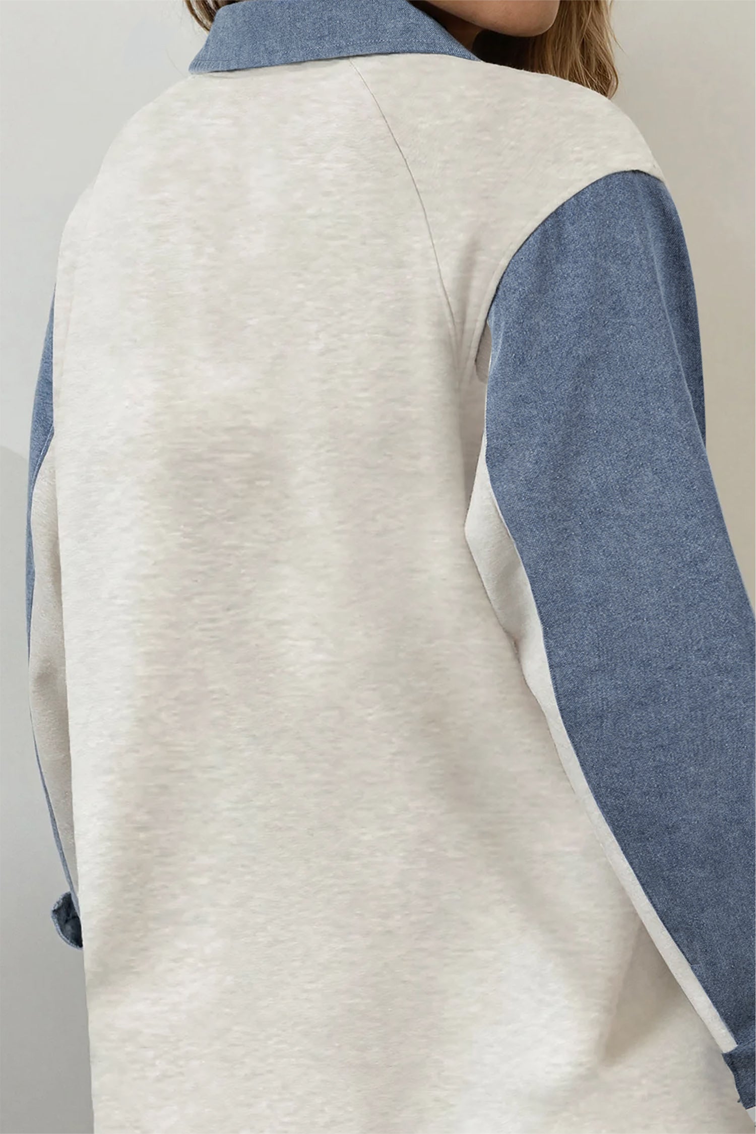 Light Grey Denim Patchwork Buttoned Polo Collar Long Sleeve Top-Tops/Long Sleeve Tops-[Adult]-[Female]-2022 Online Blue Zone Planet