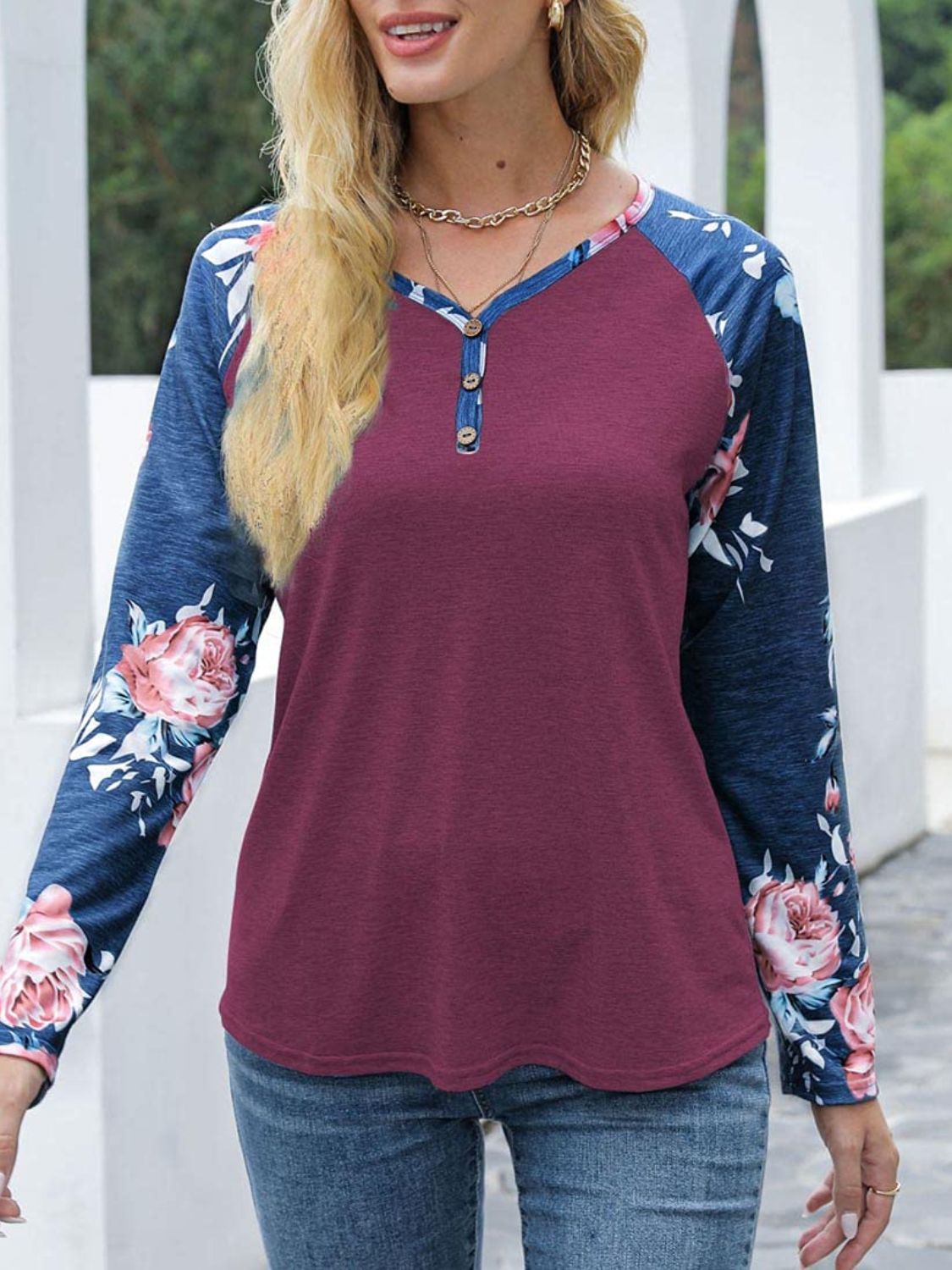 V-Neck Floral Long Sleeve T-Shirt-TOPS / DRESSES-[Adult]-[Female]-2022 Online Blue Zone Planet