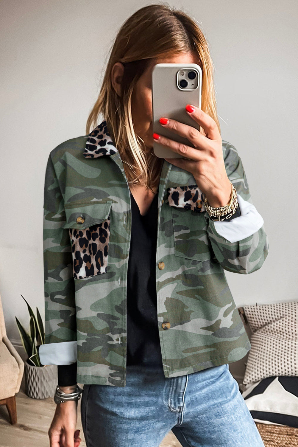Green Camo Leopard Patchwork Flap Pocket Crop Jacket-Outerwear/Jackets-[Adult]-[Female]-2022 Online Blue Zone Planet