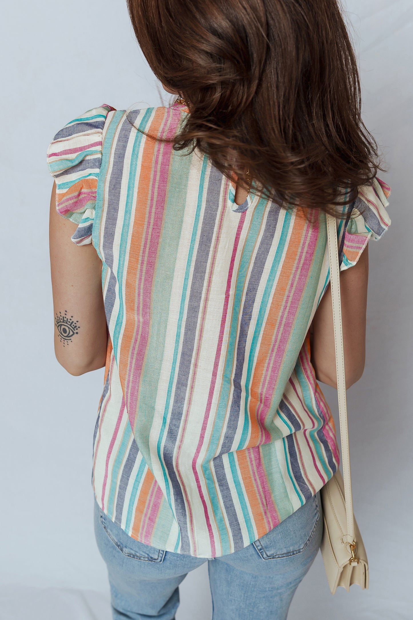 Light Blue Lace Hollow-out Insert Flutter Sleeve Striped Blouse-Tops/Blouses & Shirts-[Adult]-[Female]-2022 Online Blue Zone Planet