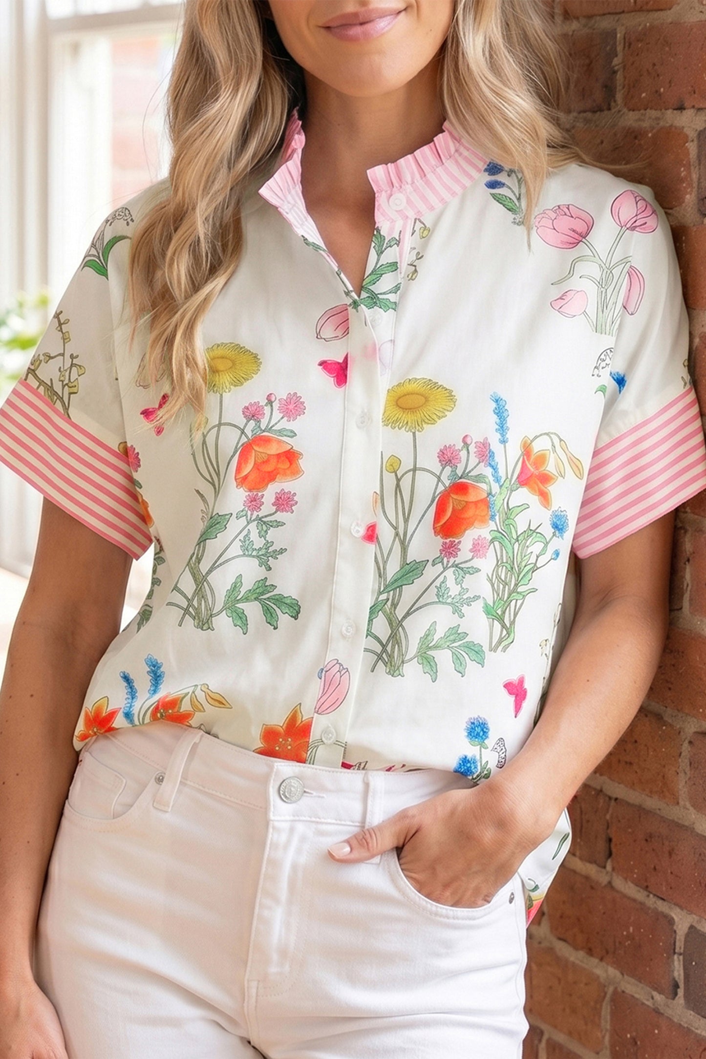 Beige Floral Striped Patchwork Ruffled Collar Short Sleeve Shirt-Tops/Blouses & Shirts-[Adult]-[Female]-2022 Online Blue Zone Planet