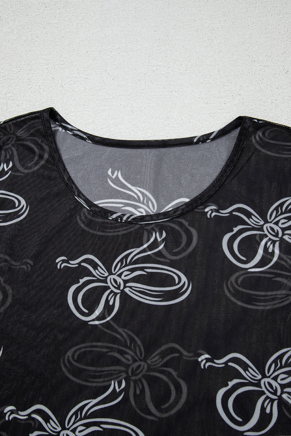 Black Round Neck Bow Print Long Sleeve Mesh Top-Tops/Long Sleeve Tops-[Adult]-[Female]-2022 Online Blue Zone Planet