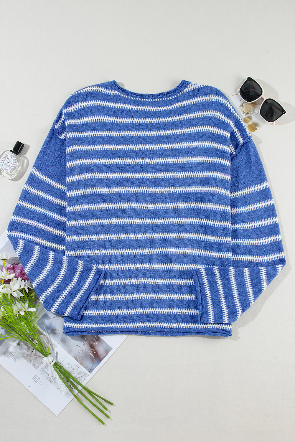 Blue Zone Planet | Green Stripe Casual Stripe Round Neck Drop Shoulder Sweater-Sweaters-[Adult]-[Female]-2022 Online Blue Zone Planet