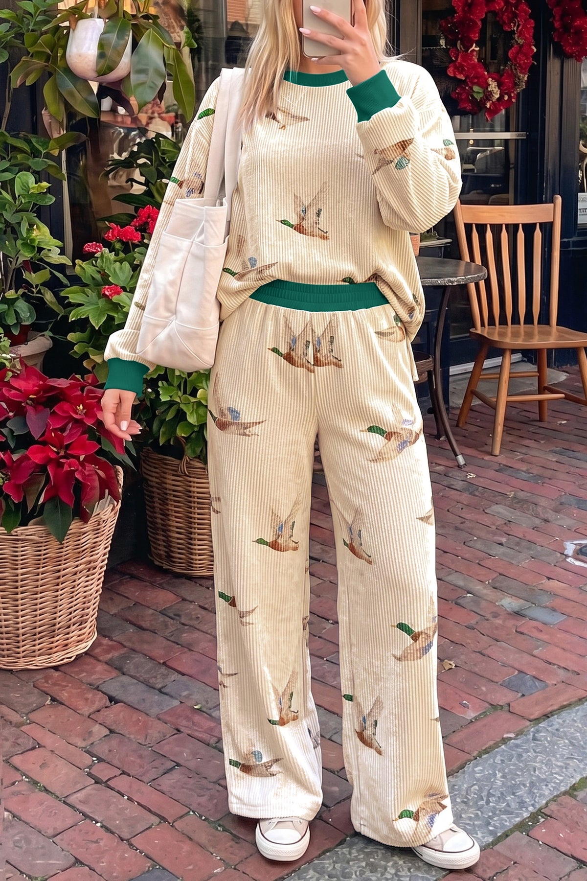 Beige Mallard Duck Print Twisted Rib Long Sleeve Two Piece Pants Sets-Two Piece Sets/Pant Sets-[Adult]-[Female]-Beige-S-2022 Online Blue Zone Planet