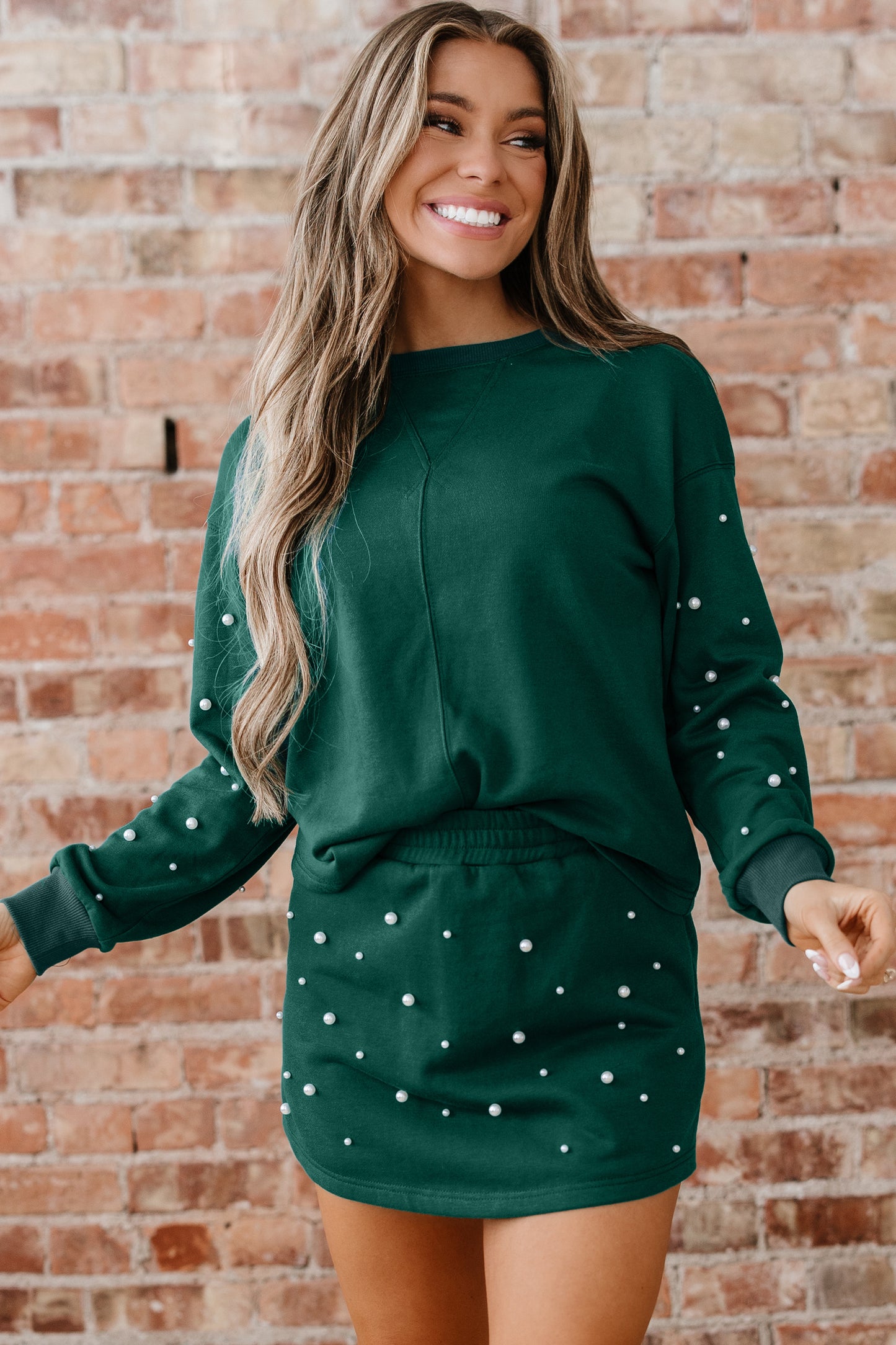 Dark Green Pearl Embellished Drop Shoulder Pullover Elastic Waist Mini Skirt Set-Two Piece Sets/Two Piece Dresses-[Adult]-[Female]-2022 Online Blue Zone Planet