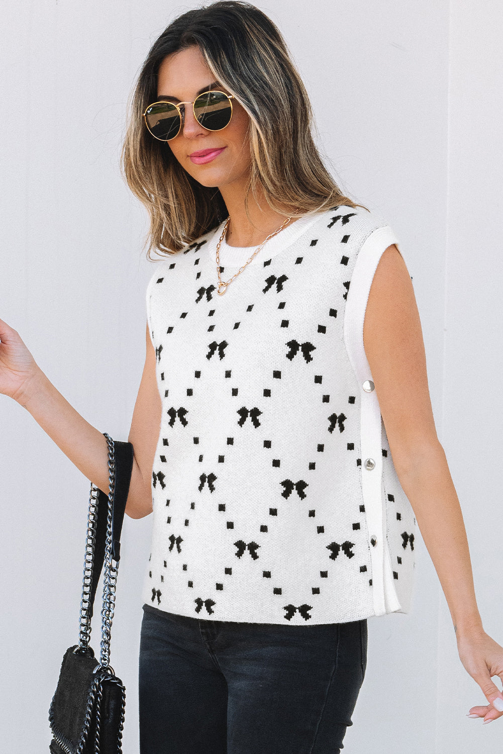 White Bow Pattern Buttoned Side Cropped Sweater Vest-Sweaters & Cardigans/Sweater Vests-[Adult]-[Female]-2022 Online Blue Zone Planet