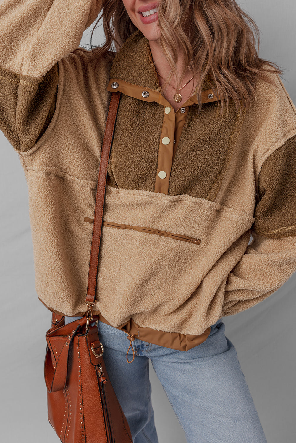 Straw Yellow 2-tone Color Block Patchwork Half Button Sherpa Sweatshirt-Tops/Sweatshirts & Hoodies-[Adult]-[Female]-2022 Online Blue Zone Planet