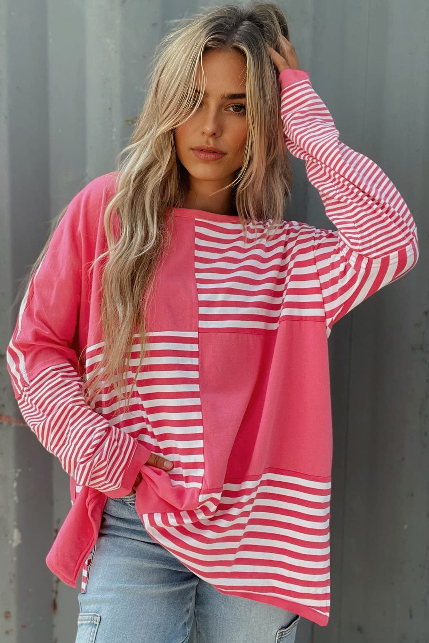 Pink Stripe Color Block Patchwork Drop Shoulder Long Sleeve Tunic Top-Tops/Long Sleeve Tops-[Adult]-[Female]-2022 Online Blue Zone Planet