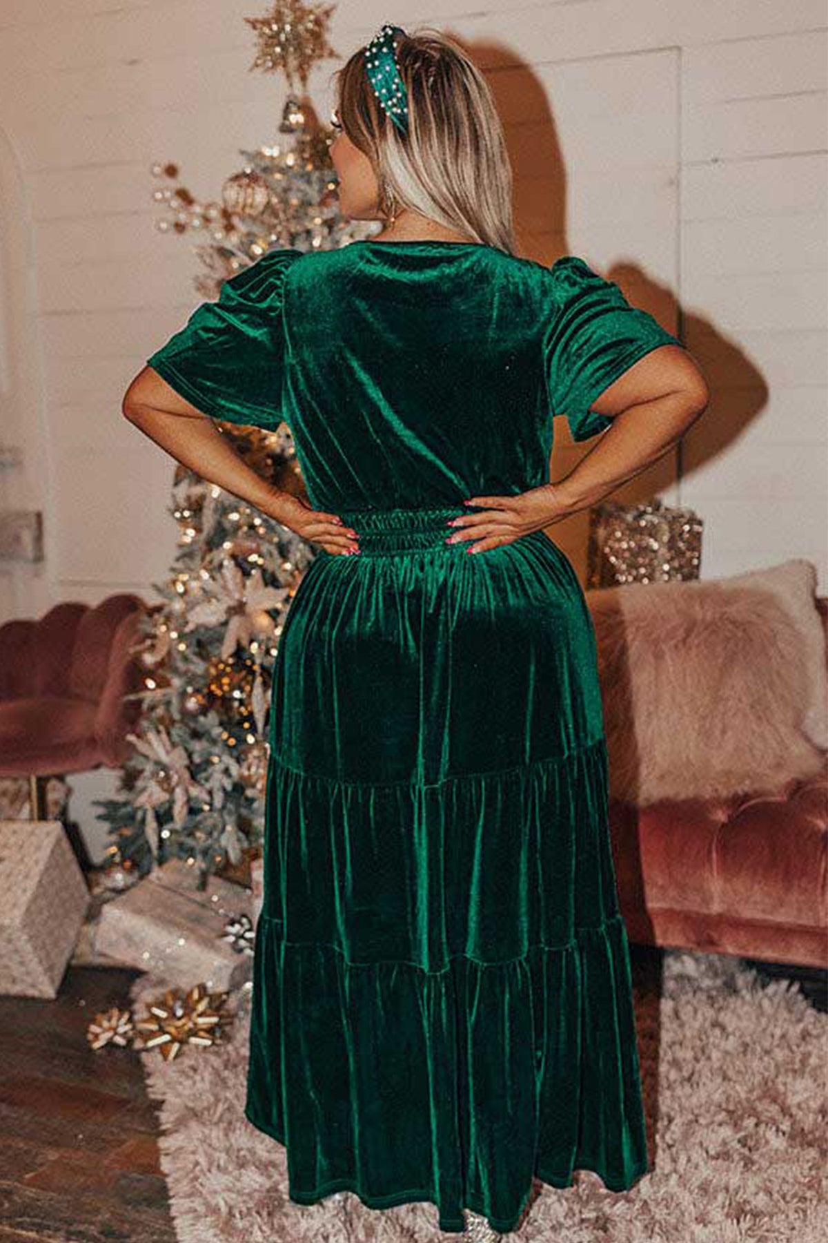 Blackish Green Velvet Short Sleeve Shirred Waist Tiered Plus Size Maxi Dress