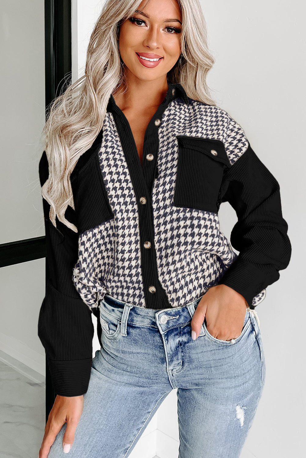 Blue Zone Planet | Black Houndstooth Corduroy Patchwork Flap Pocket Shacket-Outerwear/Jackets-[Adult]-[Female]-2022 Online Blue Zone Planet