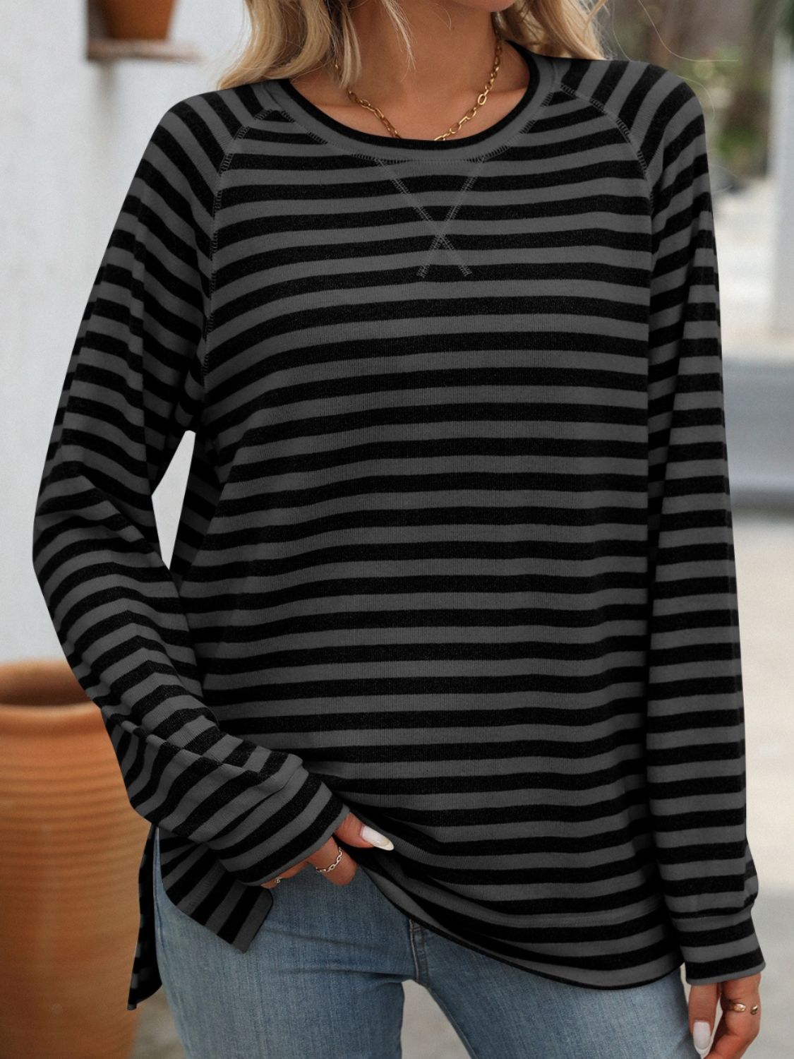 Blue Zone Planet | Mandy Striped Round Neck Long Sleeve T-Shirt-TOPS / DRESSES-[Adult]-[Female]-2022 Online Blue Zone Planet