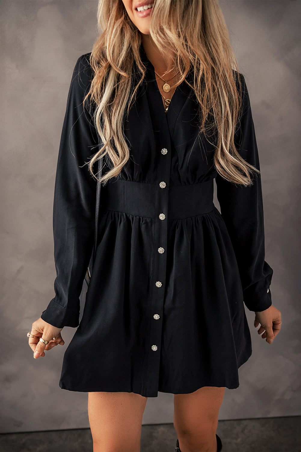 Blue Zone Planet | Black Elastic Cinched High Waist Long Sleeve Shirt Mini Dress-TOPS / DRESSES-[Adult]-[Female]-2022 Online Blue Zone Planet