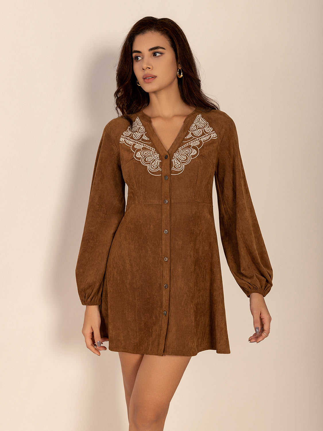 Notched Button Down Long Sleeve Mini Dress-TOPS / DRESSES-[Adult]-[Female]-2022 Online Blue Zone Planet