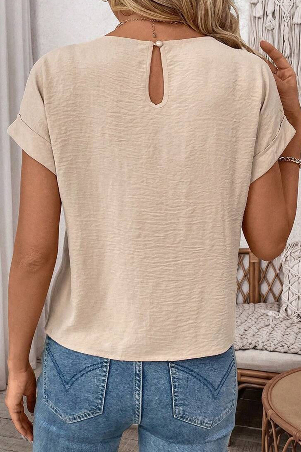 Parchment Solid Color Knotted Hem Short Sleeve Blouse-Tops/Tops & Tees-[Adult]-[Female]-2022 Online Blue Zone Planet