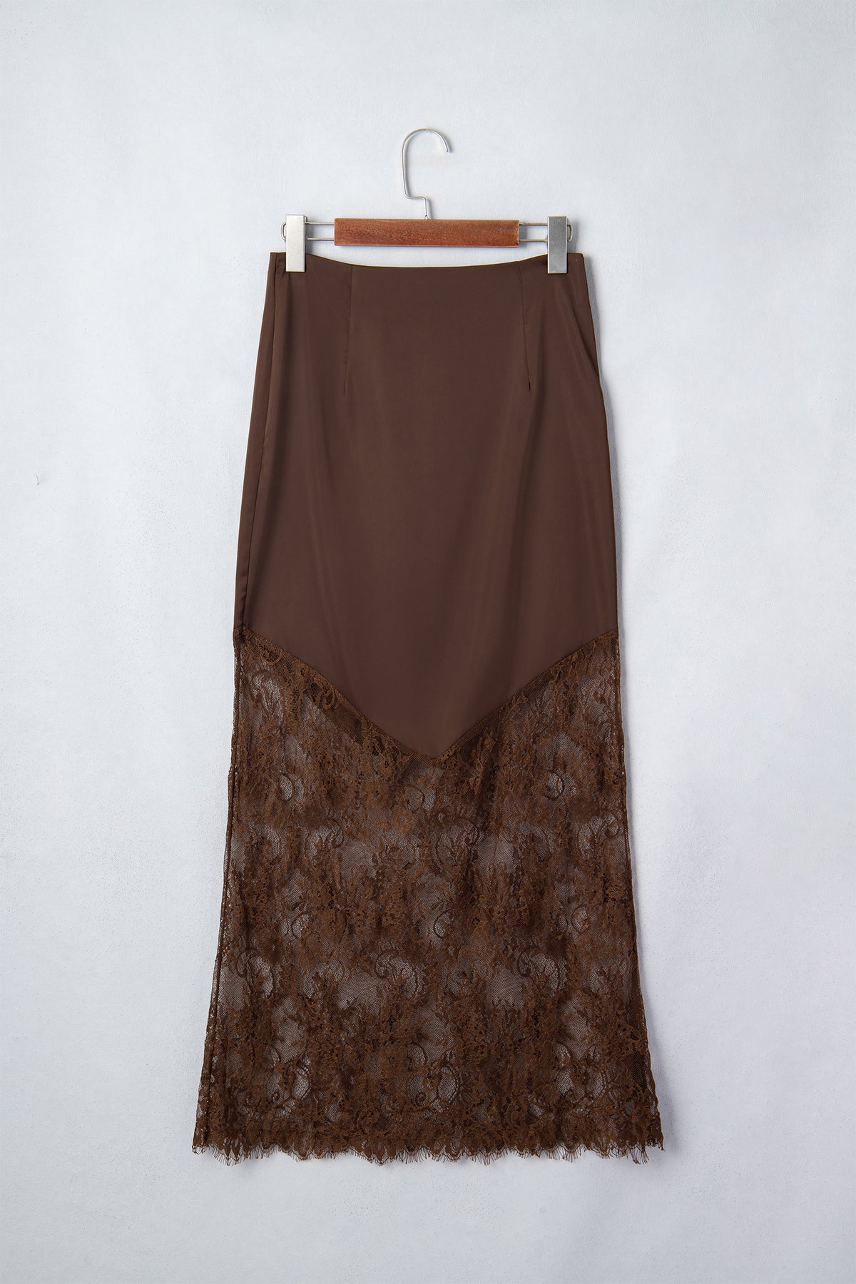 Dark Brown Lace Patchwork Hem Long Casual Shift Skirt-Bottoms/Skirts & Petticoat-[Adult]-[Female]-2022 Online Blue Zone Planet