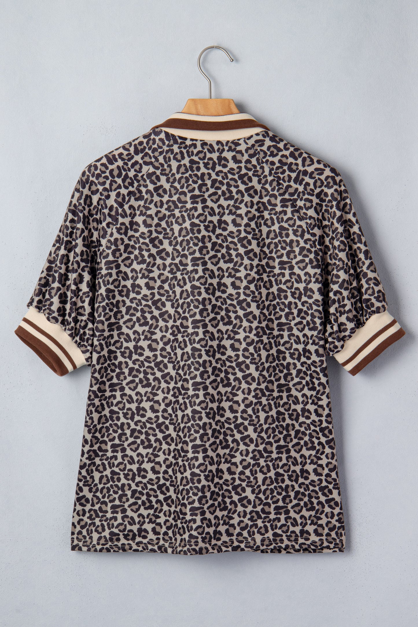 Khaki Leopard Print Half Zip Striped Trim Patchwork Short Sleeve Top-Tops/Blouses & Shirts-[Adult]-[Female]-2022 Online Blue Zone Planet