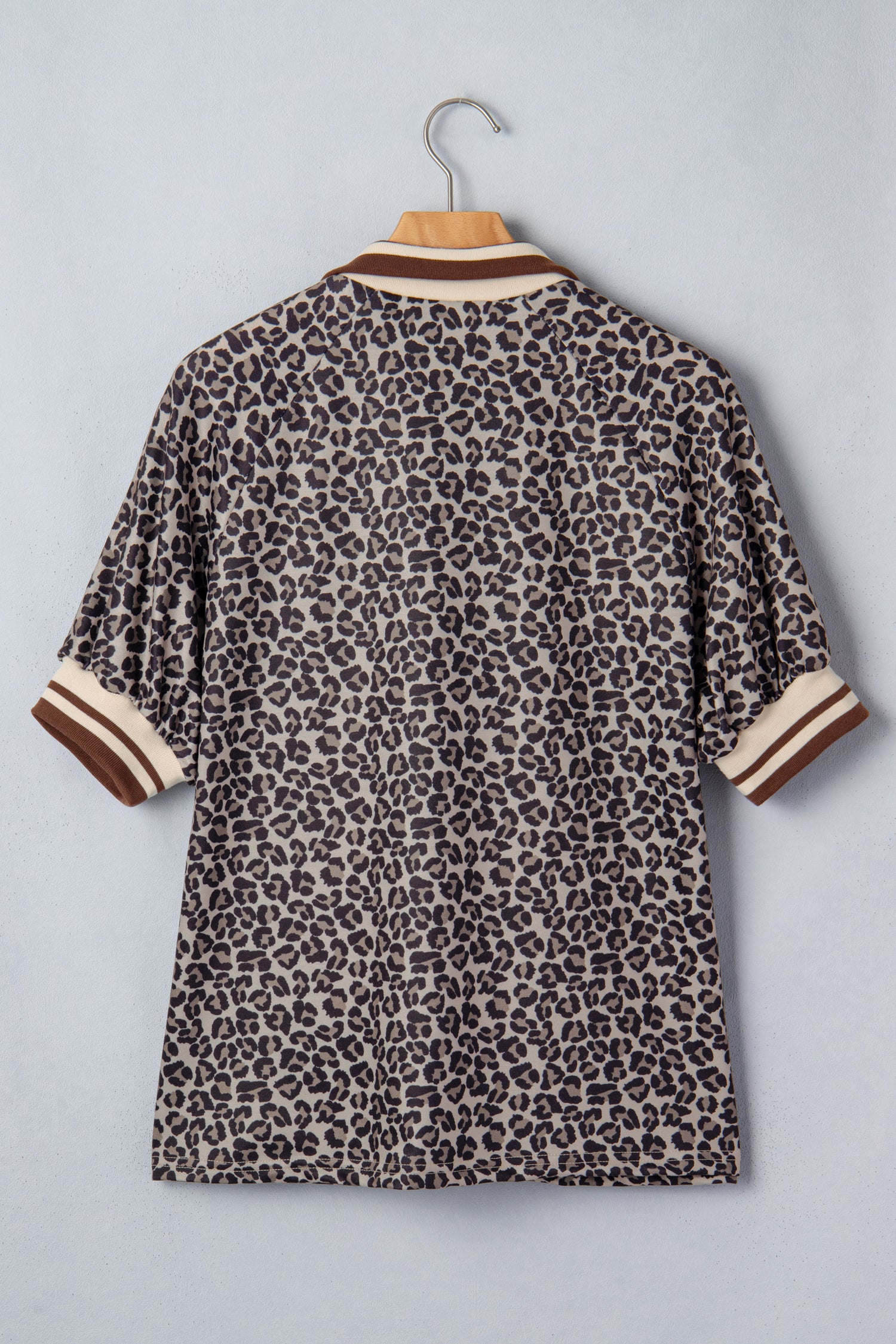 Khaki Leopard Print Half Zip Striped Trim Patchwork Short Sleeve Top-Tops/Blouses & Shirts-[Adult]-[Female]-2022 Online Blue Zone Planet