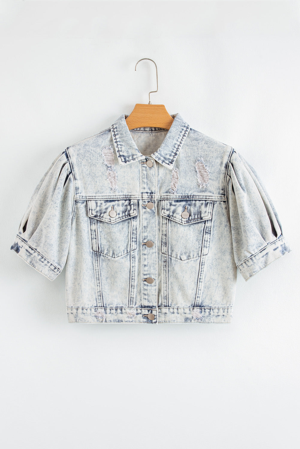 Beau Blue Light Wash Buttoned Chest Pocket Puff Sleeve Denim Jacket-Outerwear/Denim jackets-[Adult]-[Female]-2022 Online Blue Zone Planet