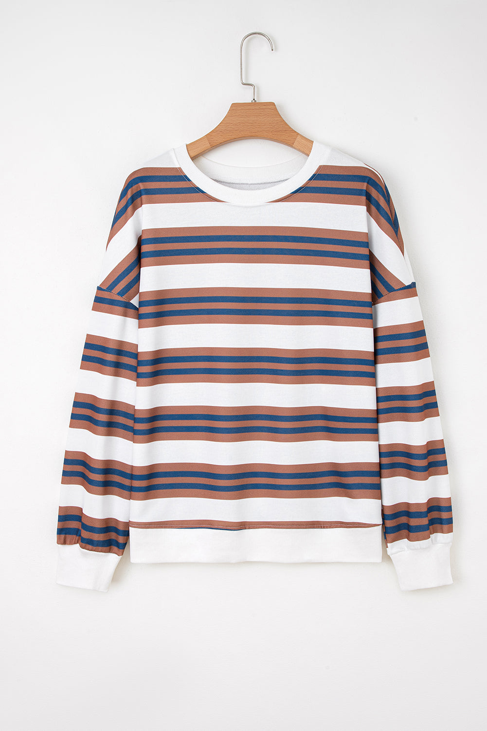 Brown Stripe Crew Neck Drop Shoulder Pullover Sweatshirt-Tops/Sweatshirts & Hoodies-[Adult]-[Female]-2022 Online Blue Zone Planet