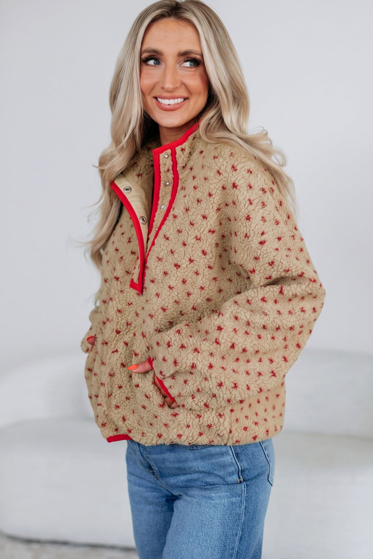 Khaki Heart Pattern Fleece Colorblock Collar Long Sleeve Sweatshirt-Tops/Sweatshirts & Hoodies-[Adult]-[Female]-2022 Online Blue Zone Planet