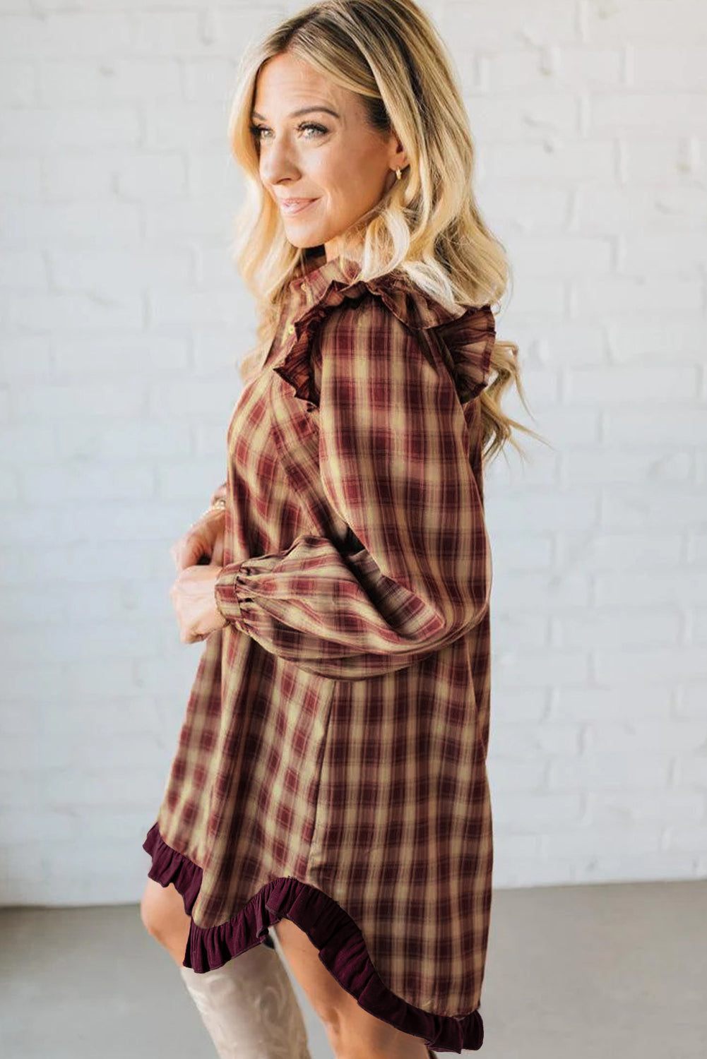 Red Plaid Print Ruffled Long Sleeve Patchwork Hem Mini Shirt Dress-TOPS / DRESSES-[Adult]-[Female]-2022 Online Blue Zone Planet