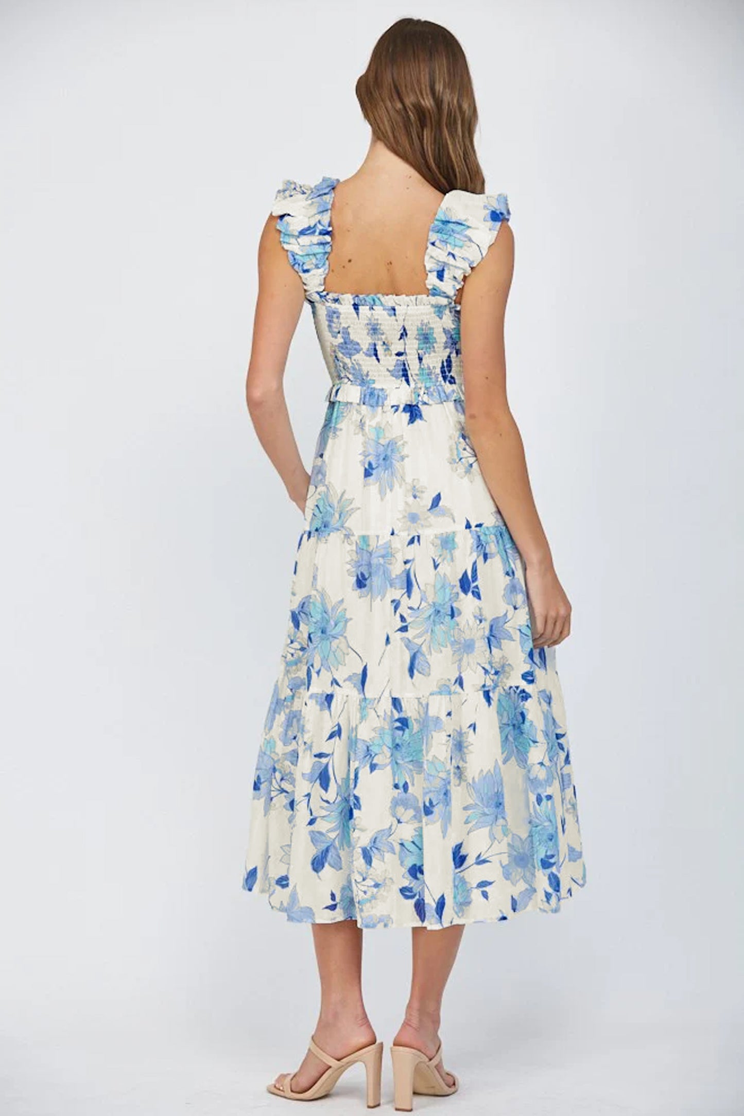 Sky Blue Ruffled Straps Smocked High Waist Floral Maxi Dress-Dresses/Floral Dresses-[Adult]-[Female]-2022 Online Blue Zone Planet