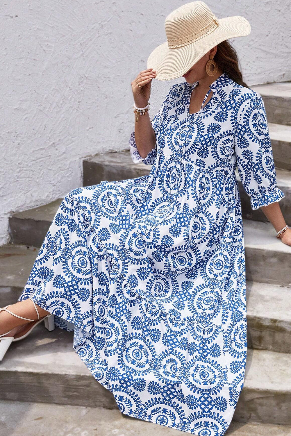 Sky Blue Geometric Print Lace-up Notch Neck Plus Size Maxi Dress-Plus Size/Plus Size Dresses/Plus Size Maxi Dresses-[Adult]-[Female]-2022 Online Blue Zone Planet