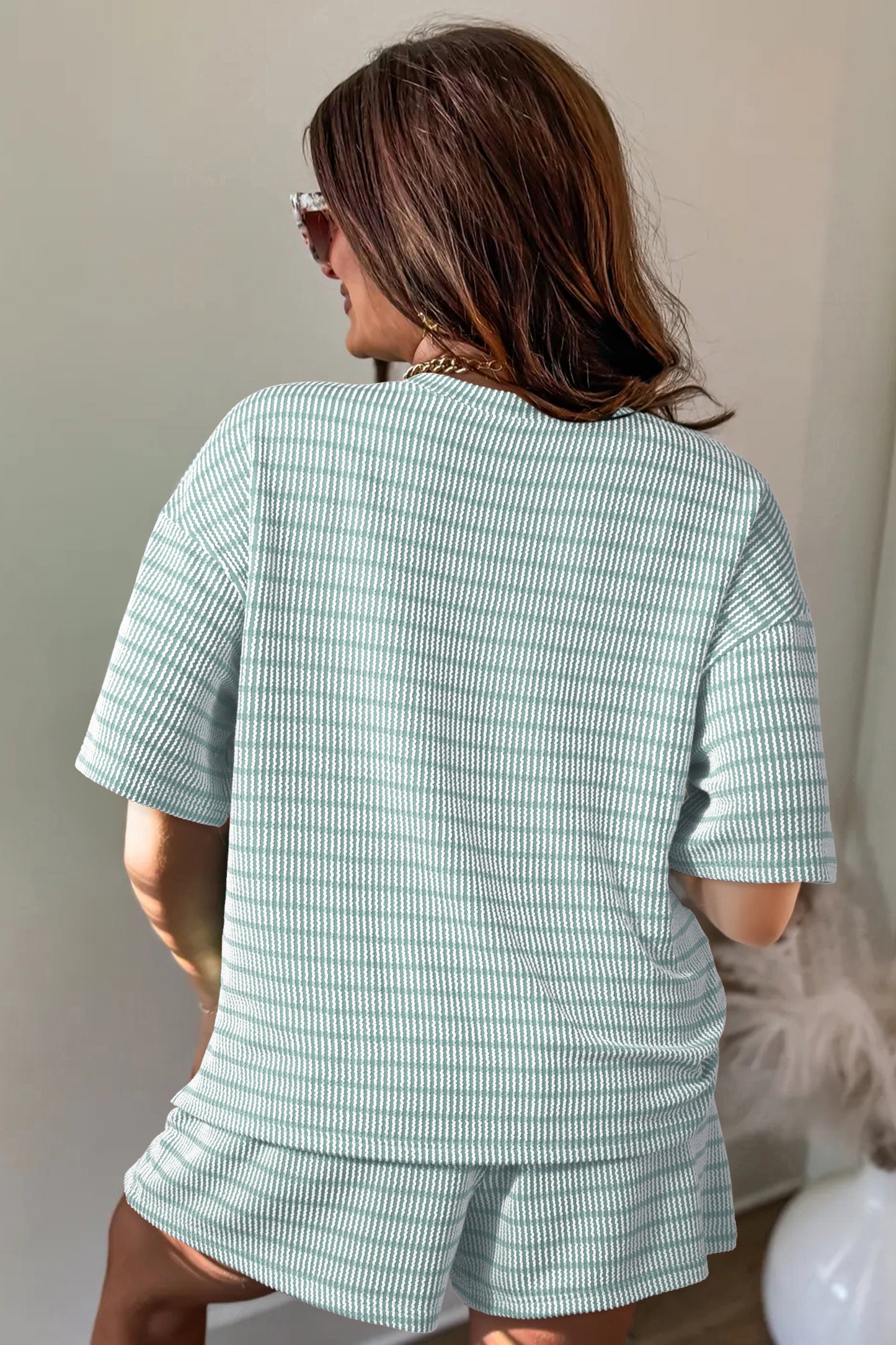 Rose Stripe Raised Rib Loose Tee Drawstring Elastic Waist 2pcs Short Set-Two Piece Sets/Short Sets-[Adult]-[Female]-2022 Online Blue Zone Planet