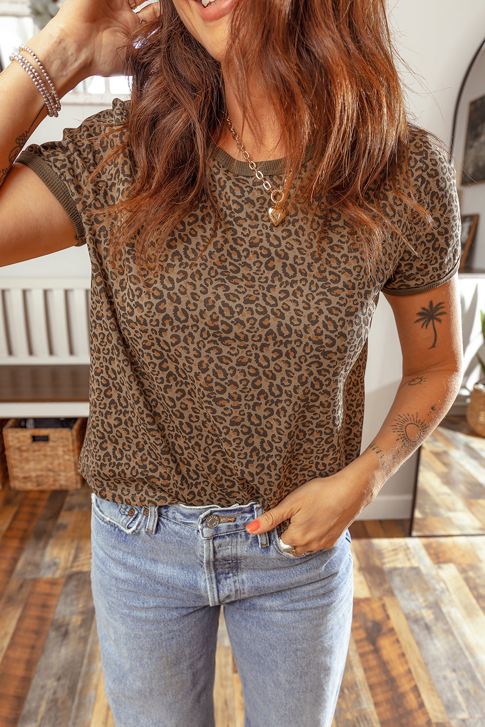 Khaki Fierce Leopard Crew Neck T Shirt