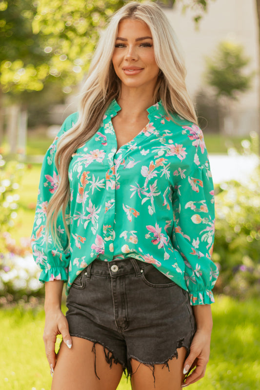 Green Floral Lantern Sleeve Button Front Shirt-Tops/Blouses & Shirts-[Adult]-[Female]-2022 Online Blue Zone Planet