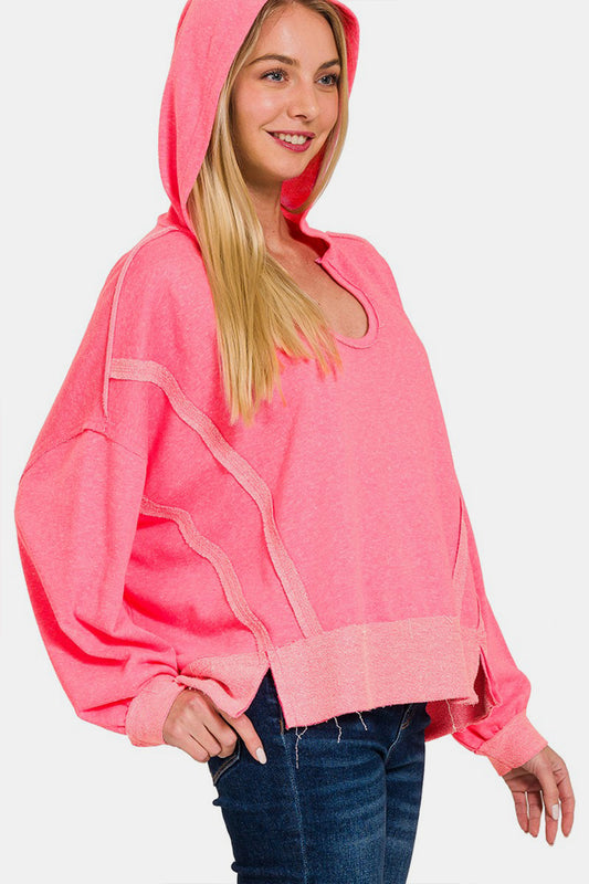 Zenana Contrast Trim Slit Hoodie-TOPS / DRESSES-[Adult]-[Female]-Fuchsia-S/M-2022 Online Blue Zone Planet