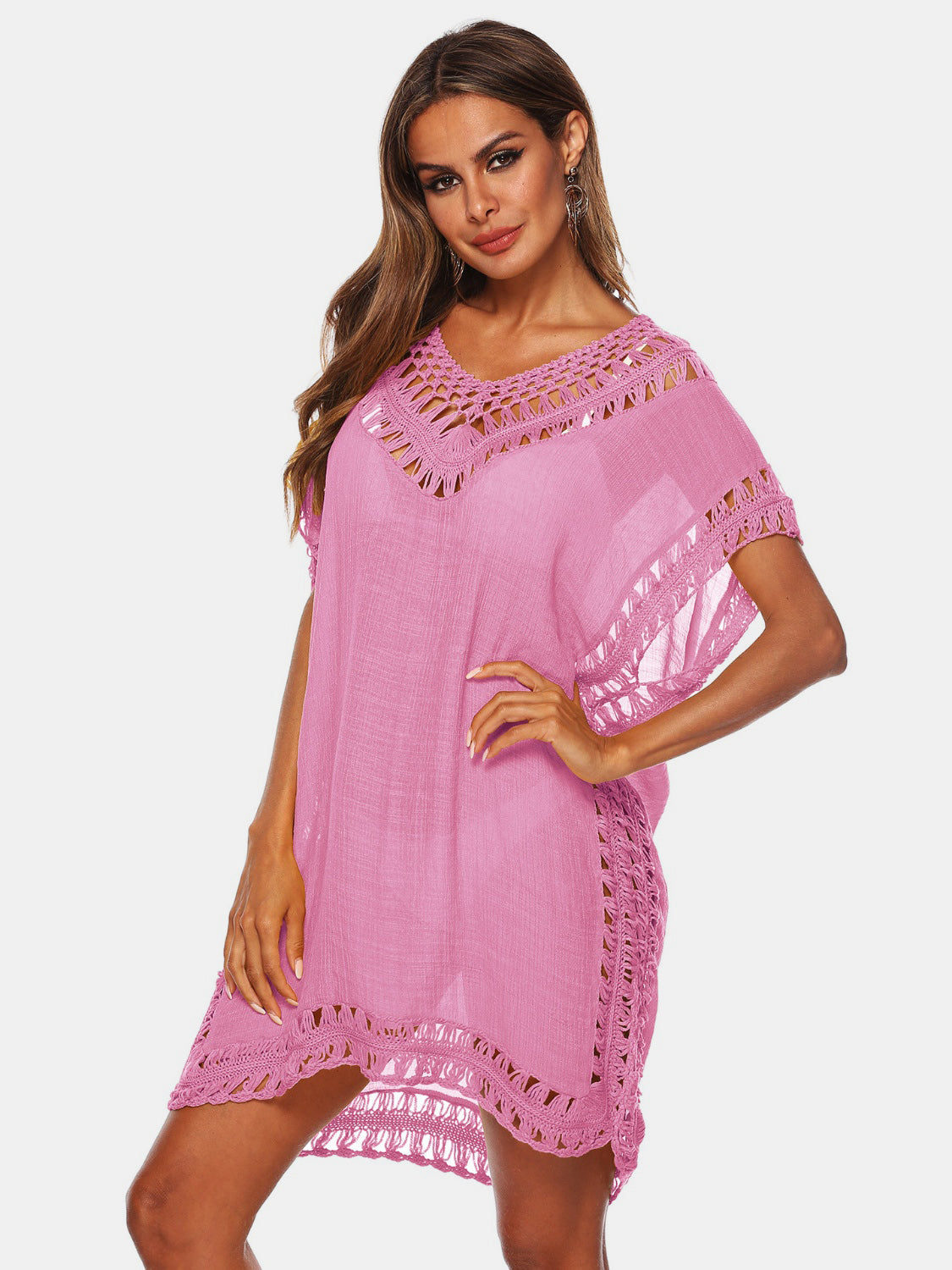 Cutout V-Neck Short Sleeve Cover-Up-TOPS / DRESSES-[Adult]-[Female]-Pink-One Size-2022 Online Blue Zone Planet