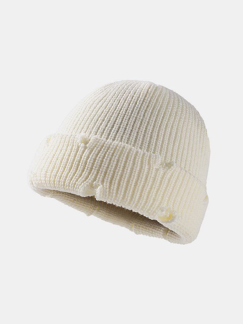 Distressed Cuffed Knit Hat-BEANIES-[Adult]-[Female]-White-One Size-2022 Online Blue Zone Planet